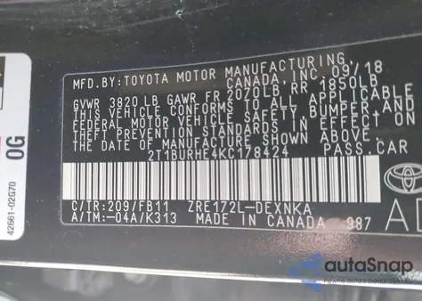 2019 Toyota Corolla Le z USA, uszkodzony, nr VIN 2T1BURHE4KC178424